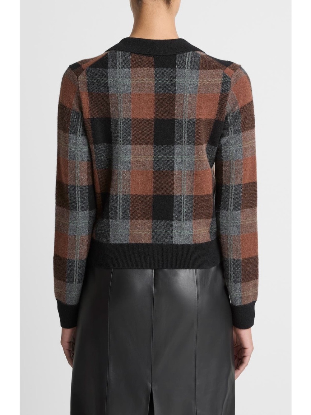 Vince Cashmere Check Plaid Cardigan in CACAO / HEATHER PEWTER / BLACK Size M - Picture 2 of 8